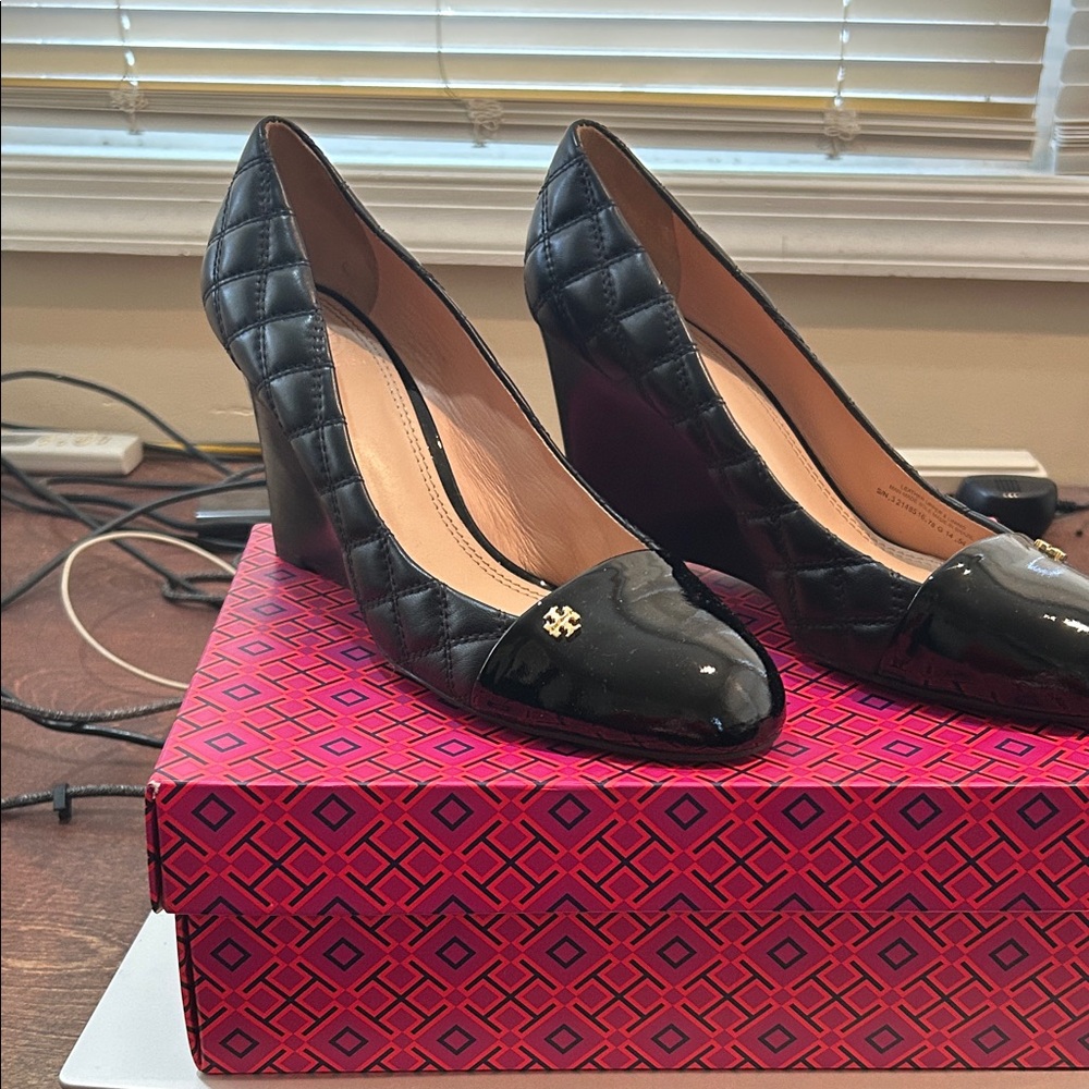 Tory Burch Black Quilted Leather Wedge Pumps with Patent Toe